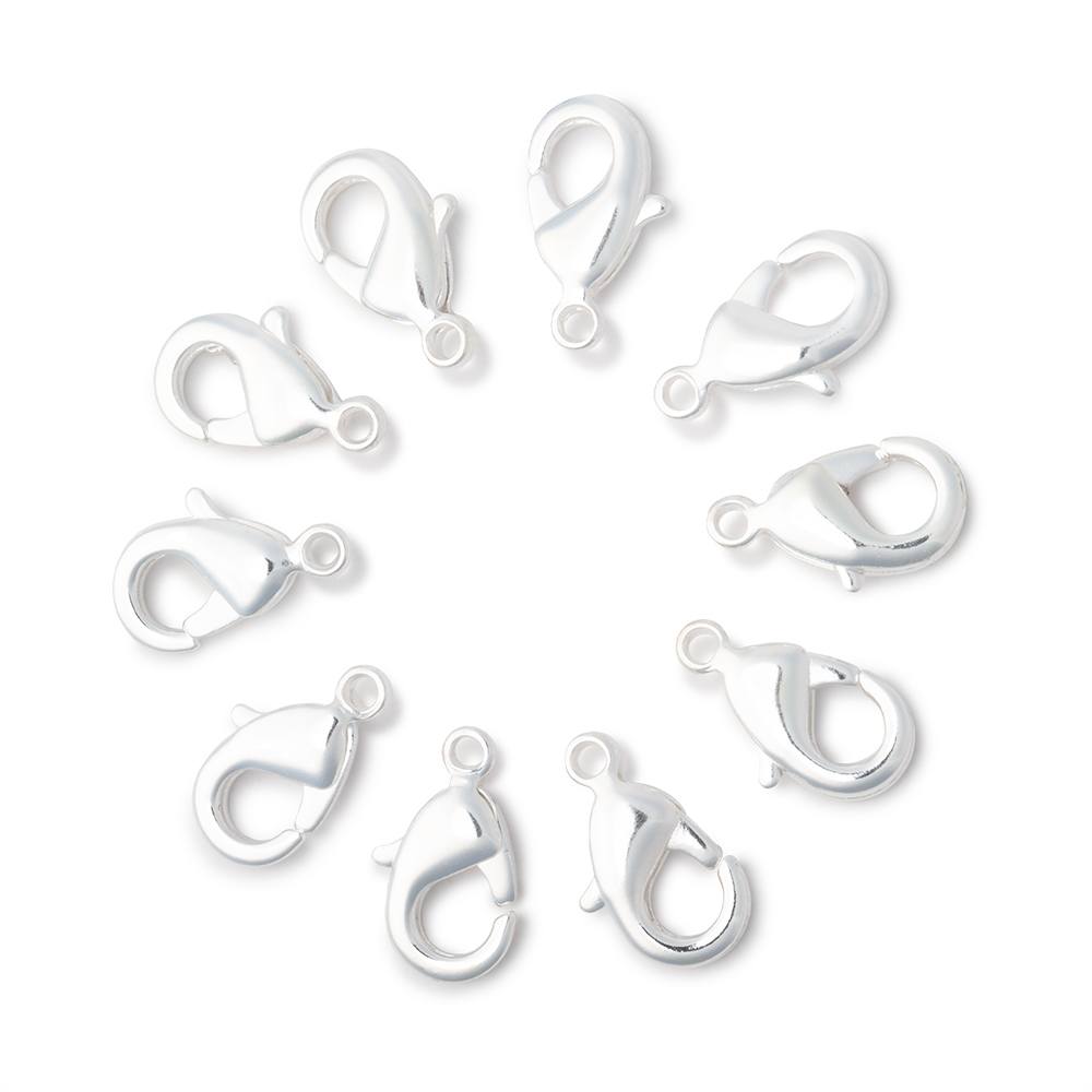 12mm Sterling Silver plated Shiny Lobster Clasp Set of 10 - The Bead Traders