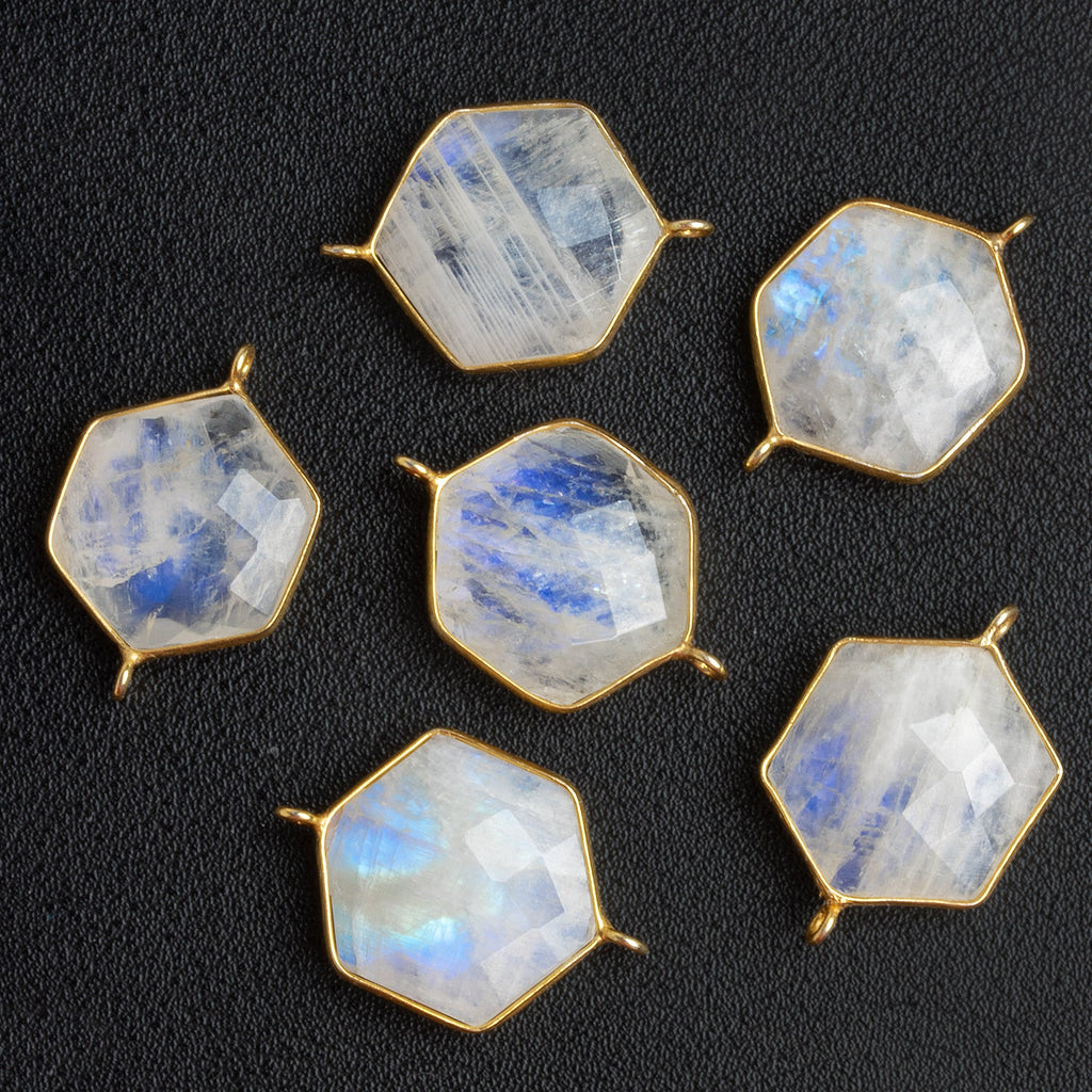 21x19mm Vermeil Bezeled Rainbow Moonstone Hexagon Connector 1 Piece - The Bead Traders