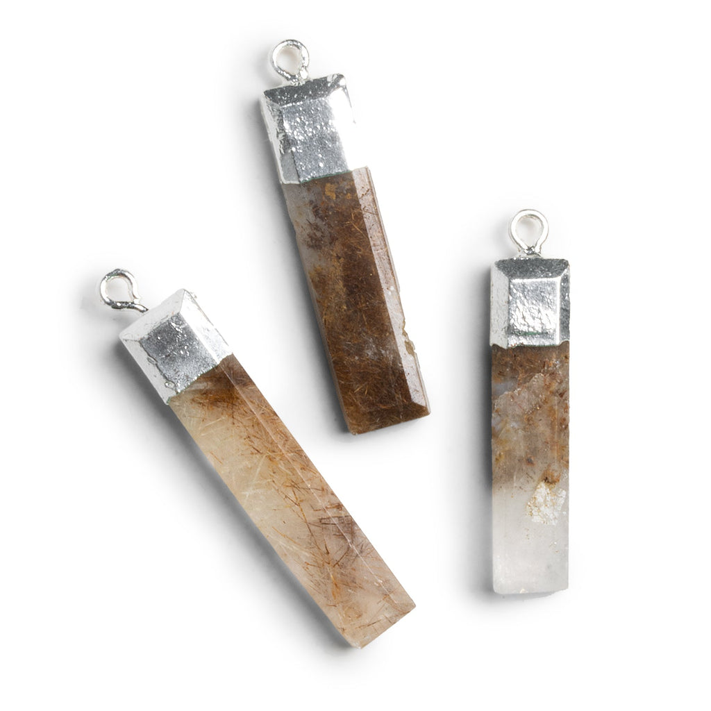 35x7mm Silver Leafed Rutilated Quartz Faceted Bar Pendants - Lot of 3 - The Bead Traders