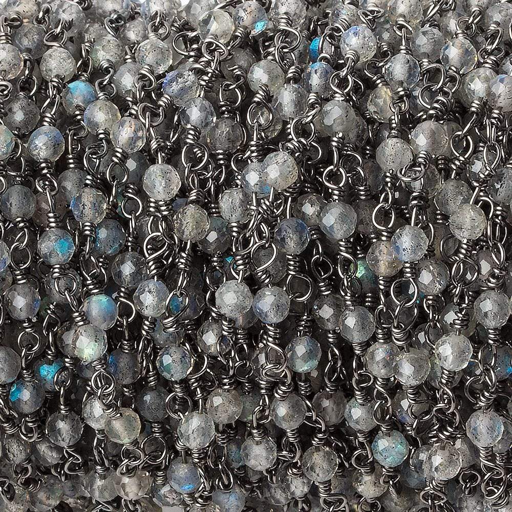 3mm Labradorite Microfaceted Round Black Gold Chain 40 beads - The Bead Traders