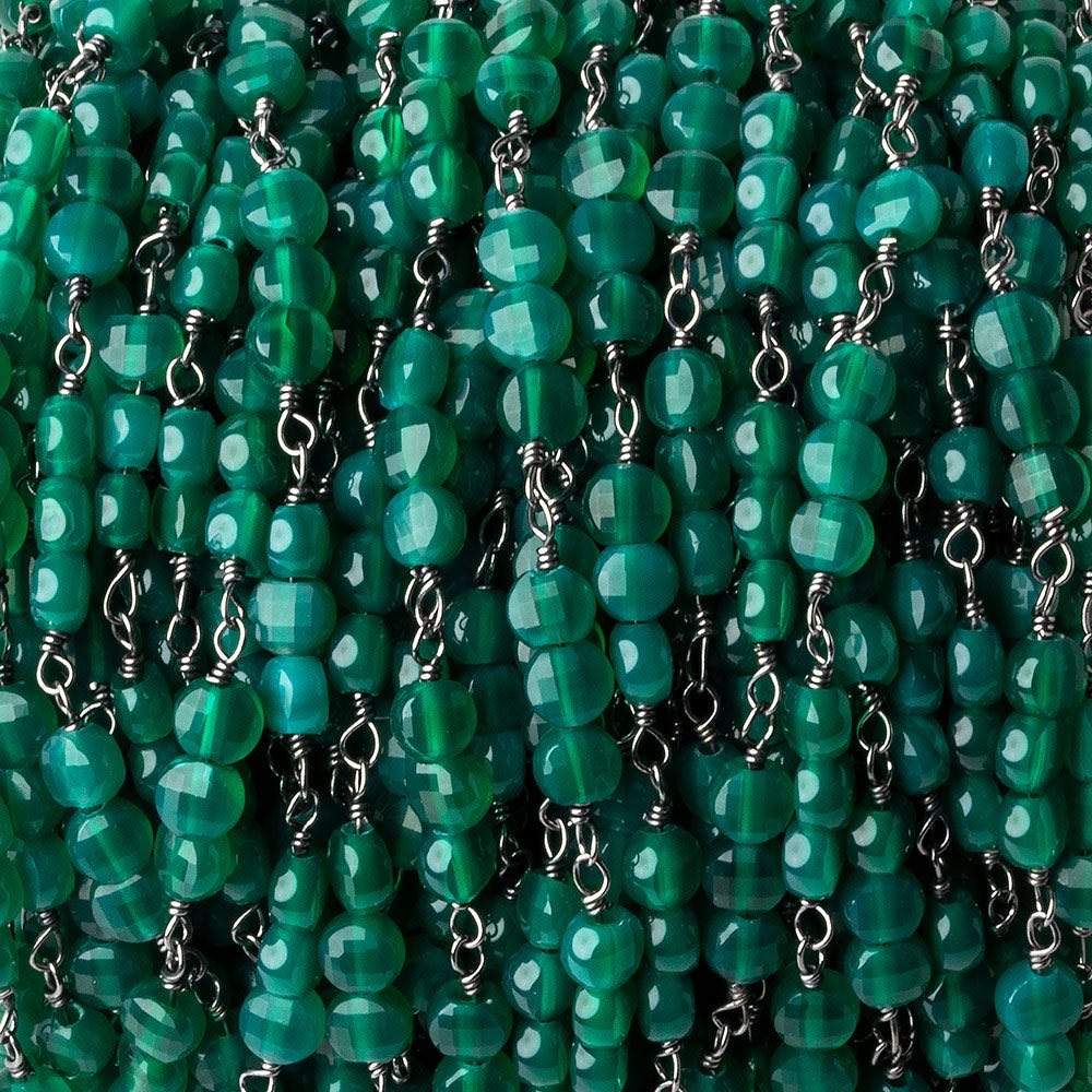 4mm Green Onyx Faceted Coin Trio Black Gold Chain 54 beads - The Bead Traders