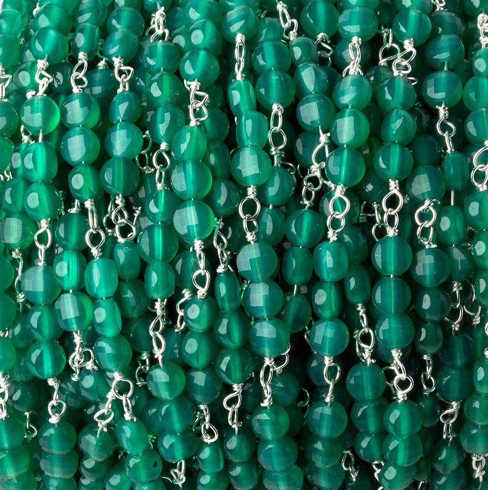 4mm Green Onyx Faceted Coin Trio Silver Chain 54 beads - The Bead Traders