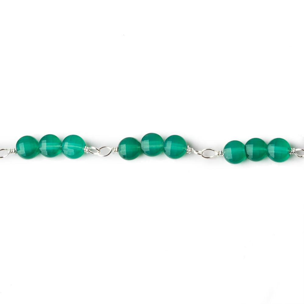 4mm Green Onyx Faceted Coin Trio Silver Chain 54 beads - The Bead Traders