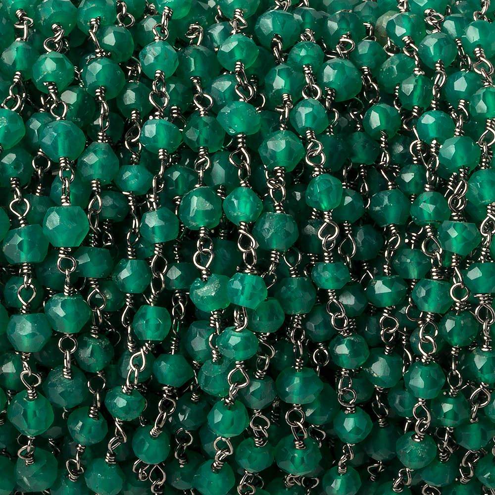 4mm Green Onyx faceted rondelle Black Gold Chain 33 beads - The Bead Traders