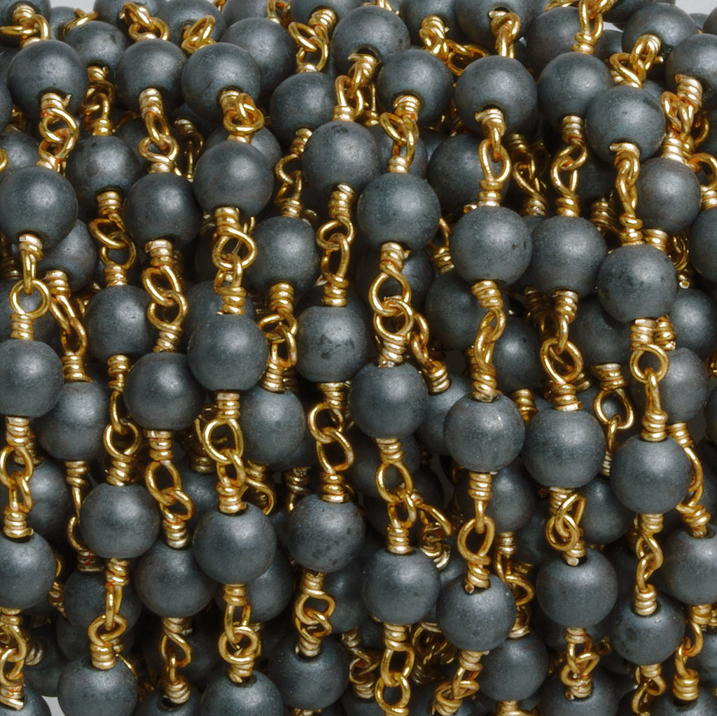 4mm Matte Hematite Rounds Gold Chain 32 beads - The Bead Traders