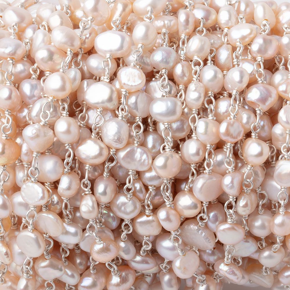 5 - 6mm Pink Baroque Pearl Silver Chain 32 beads - The Bead Traders