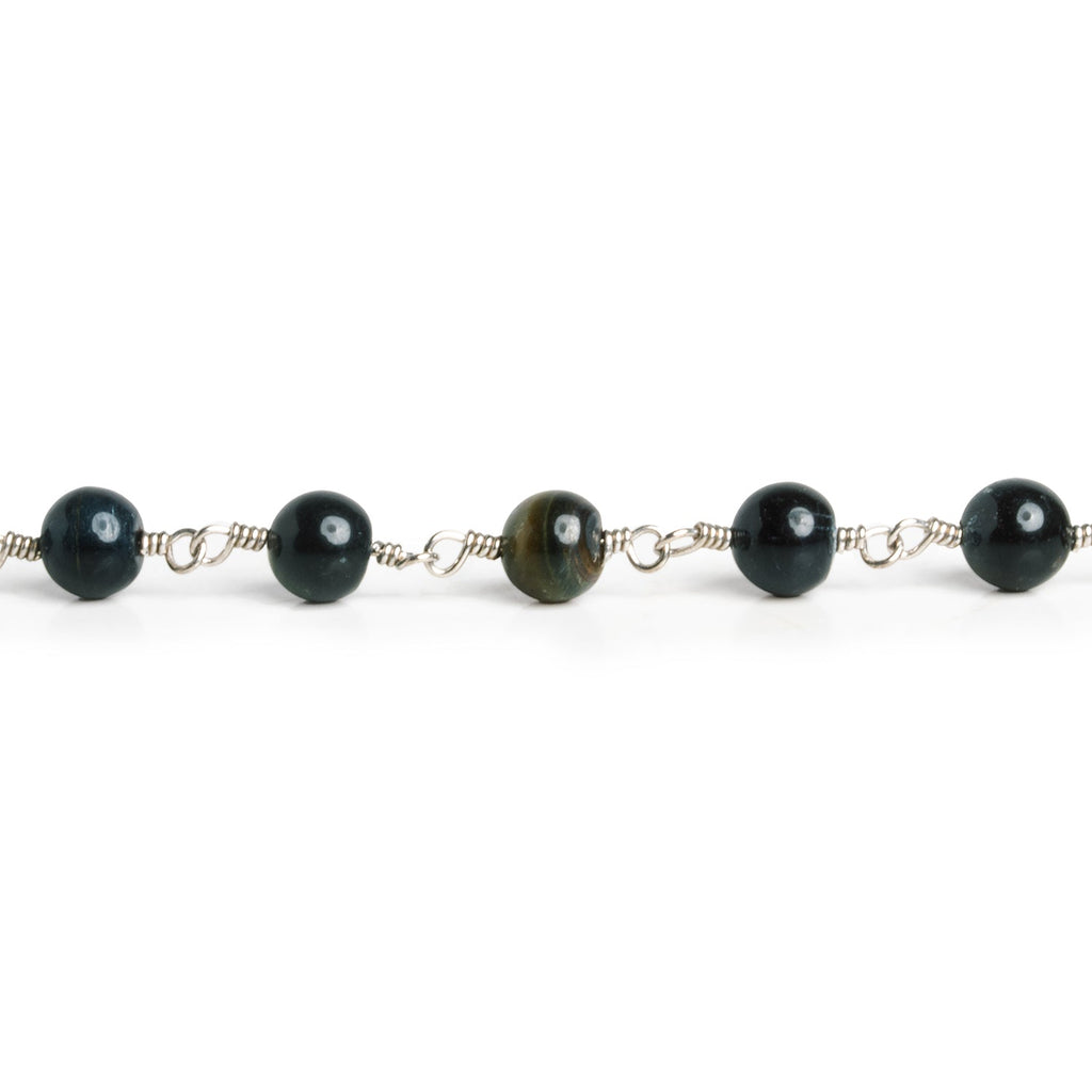 5mm Black Tiger's Eye Round Silver Chain 26 beads - The Bead Traders