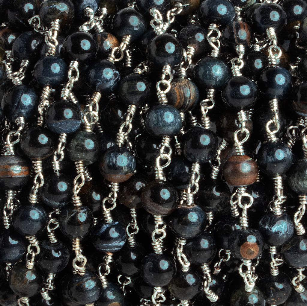 5mm Black Tiger's Eye Round Silver Chain 26 beads - The Bead Traders