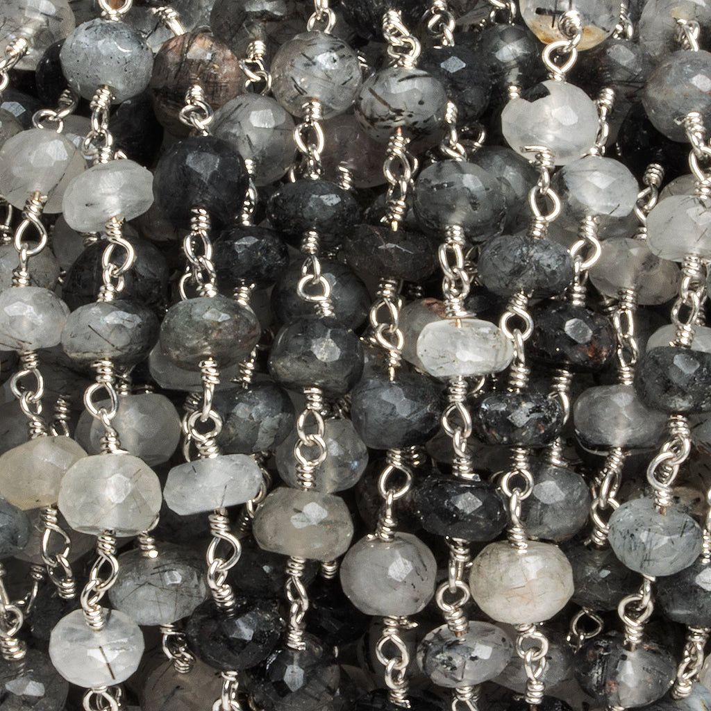 6 - 7mm Tourmalinated Quartz Rondelle Silver Chain 32 beads - The Bead Traders