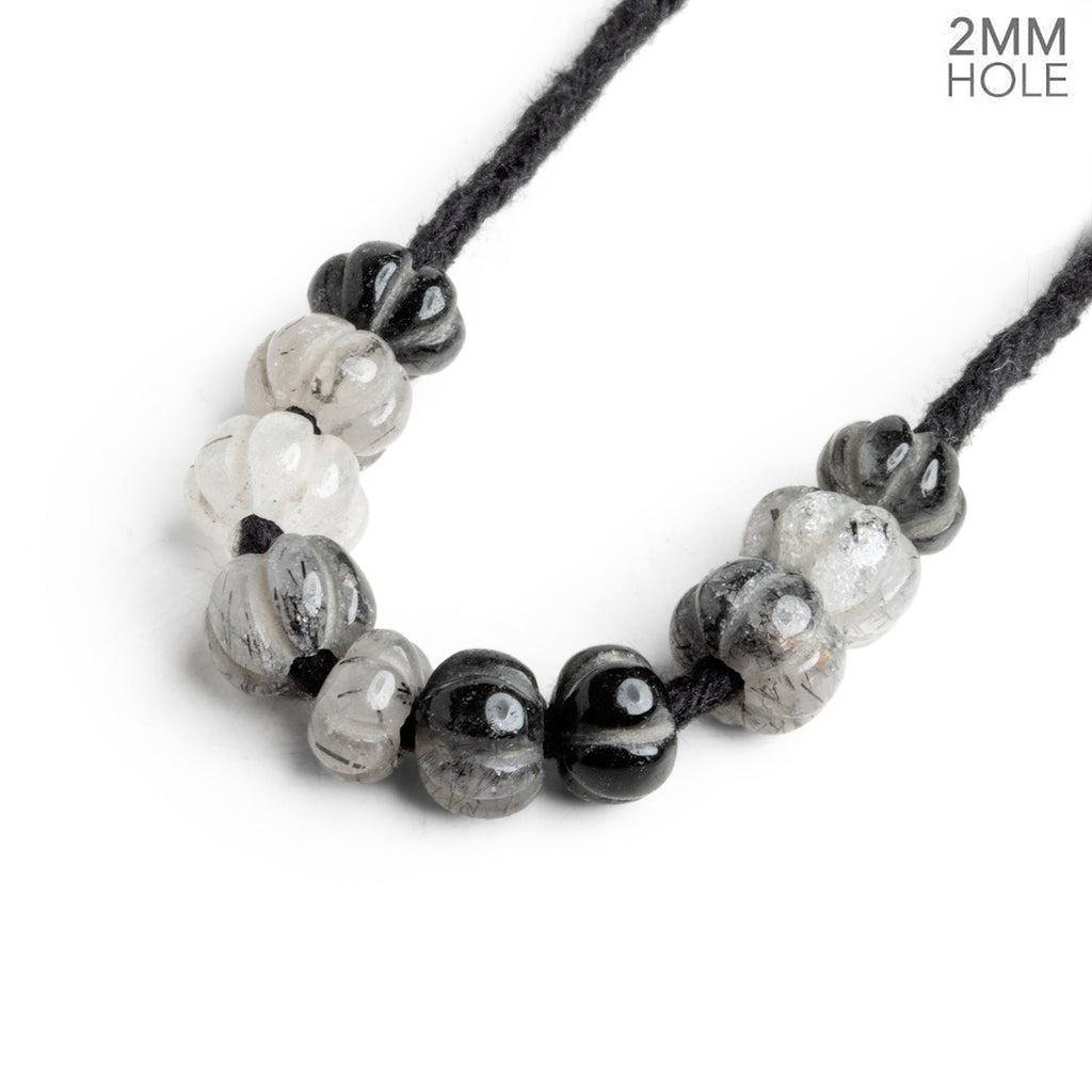 7 - 8mm Black Tourmalinated Quartz Carved Melon 2mm Large Hole 10 Beads - The Bead Traders