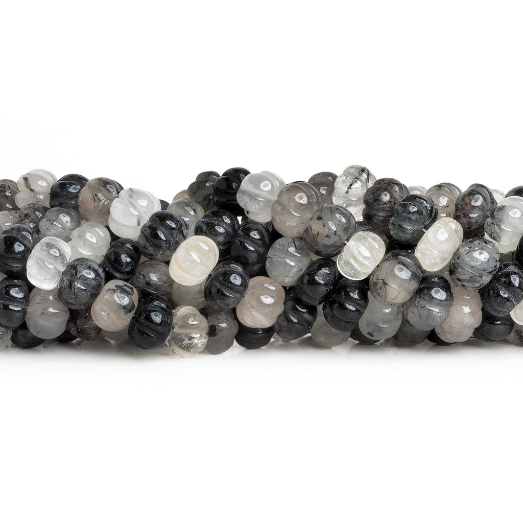 7 - 9mm Black Tourmalinated Quartz Carved Melons 18 inch 78 beads - The Bead Traders