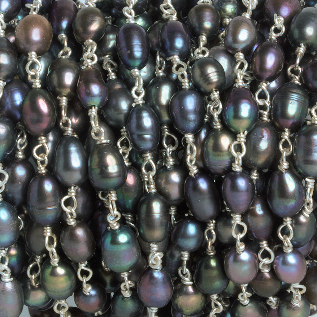 7x5mm Silver Peacock Oval Pearl Silver Plated Chain 24 beads - The Bead Traders