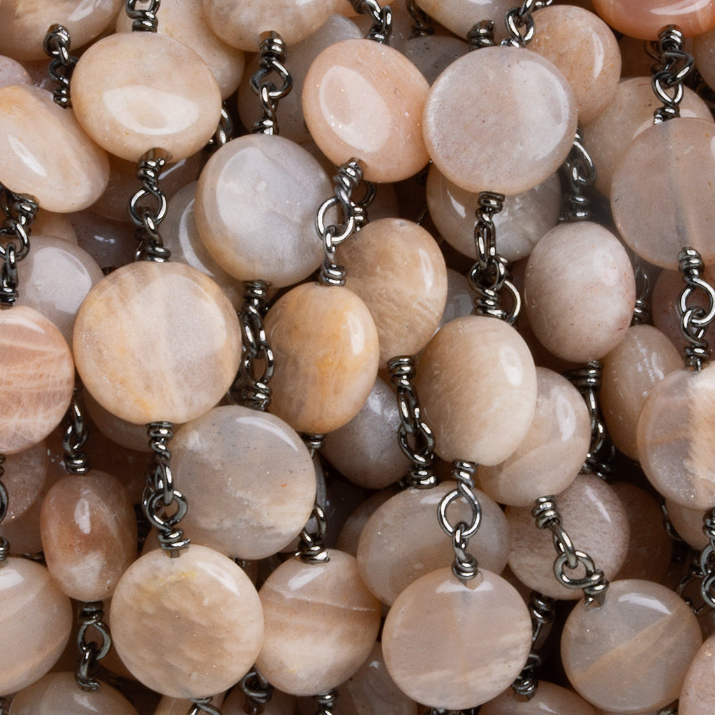 9mm Peach Moonstone Coin Black Gold Chain 22 beads - The Bead Traders